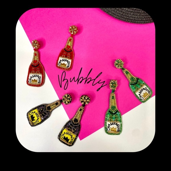 Black yellow gold Champagne bottle fashion fun sequin earrings - Picture 3 of 4